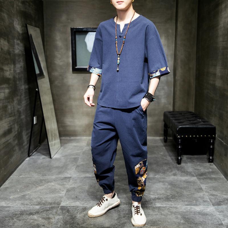 Two - piece Cotton and Linen Cropped Trousers Embroidery Clothes - Amazitshop