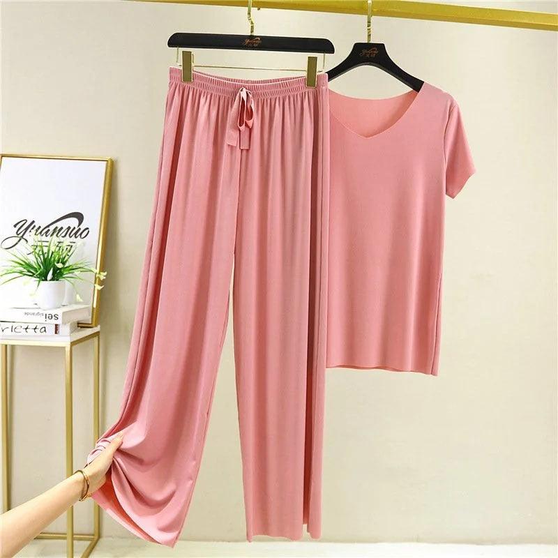 Two - piece Loungewear Leisure Loose Wide - leg Ice Silk Pajamas - Amazitshop