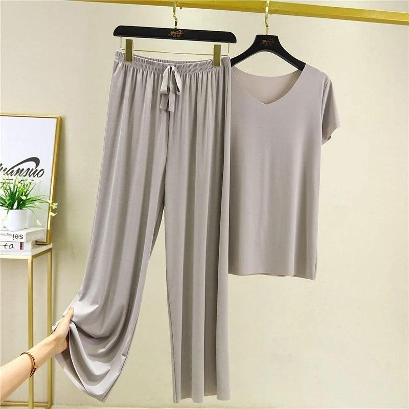 Two - piece Loungewear Leisure Loose Wide - leg Ice Silk Pajamas - Amazitshop