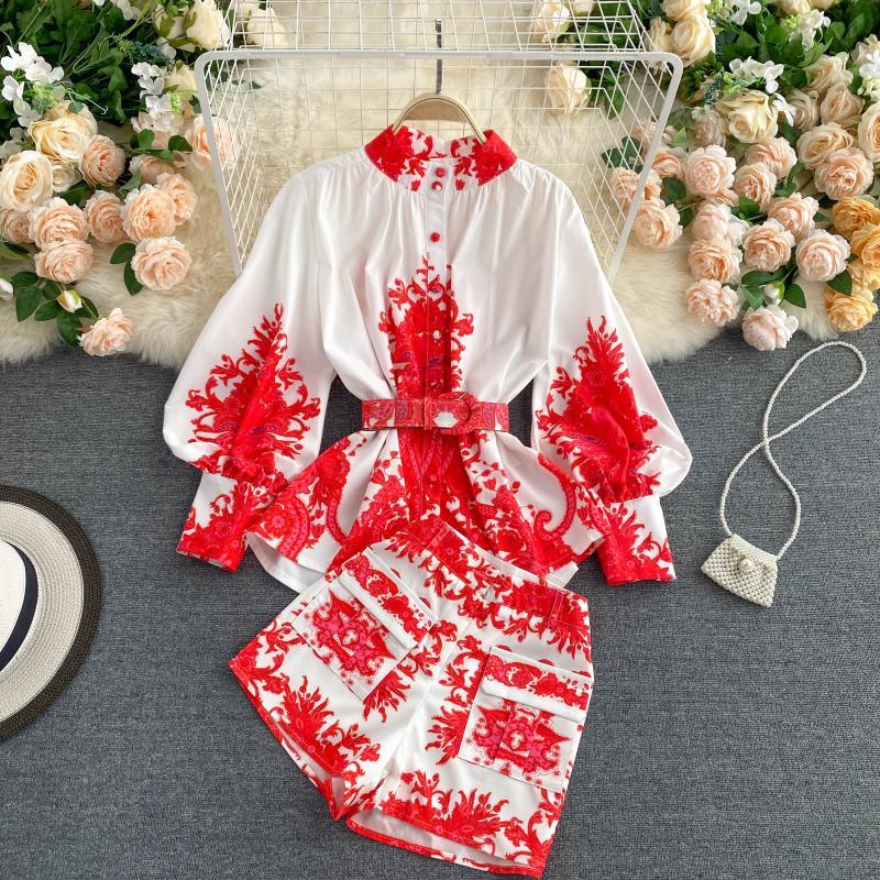 Two Piece Set Women Vintage Printed Pull Sleeve Blouse Tops And Woman Shorts Fashion 2 Piece Set Fall Clothing - Amazitshop