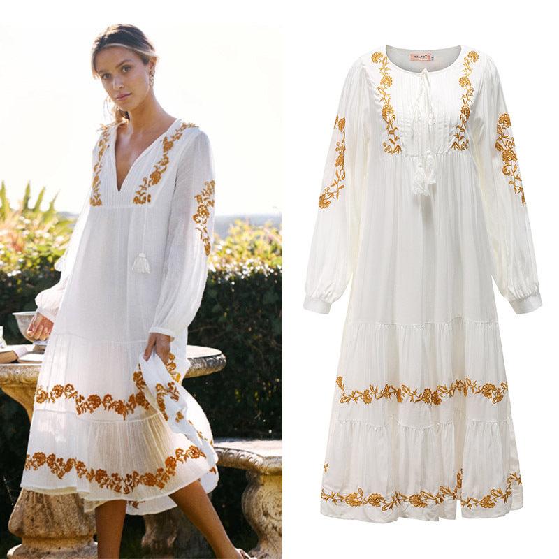 V - neck Embroidered Loose Dress Embroidered Long Skirt - Amazitshop