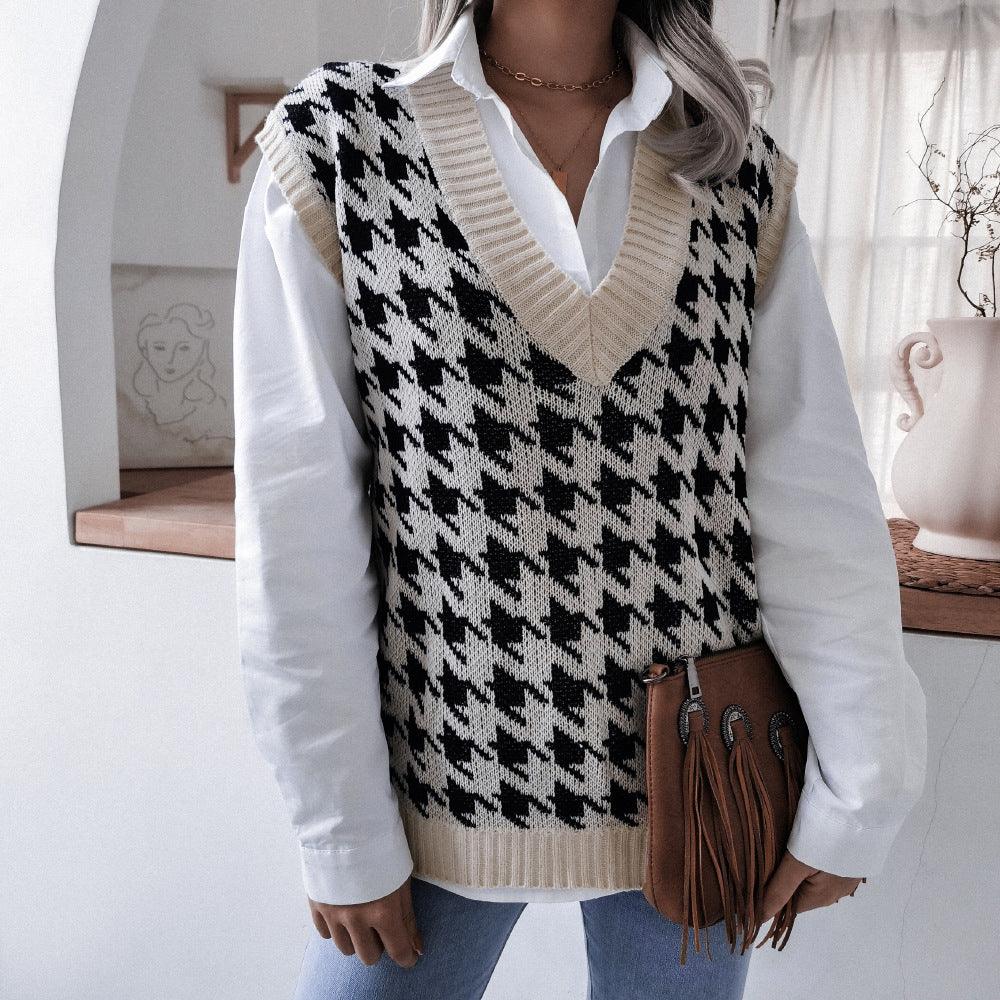V - neck Houndstooth Casual Loose Knit Vest Sweater Vest - Amazitshop