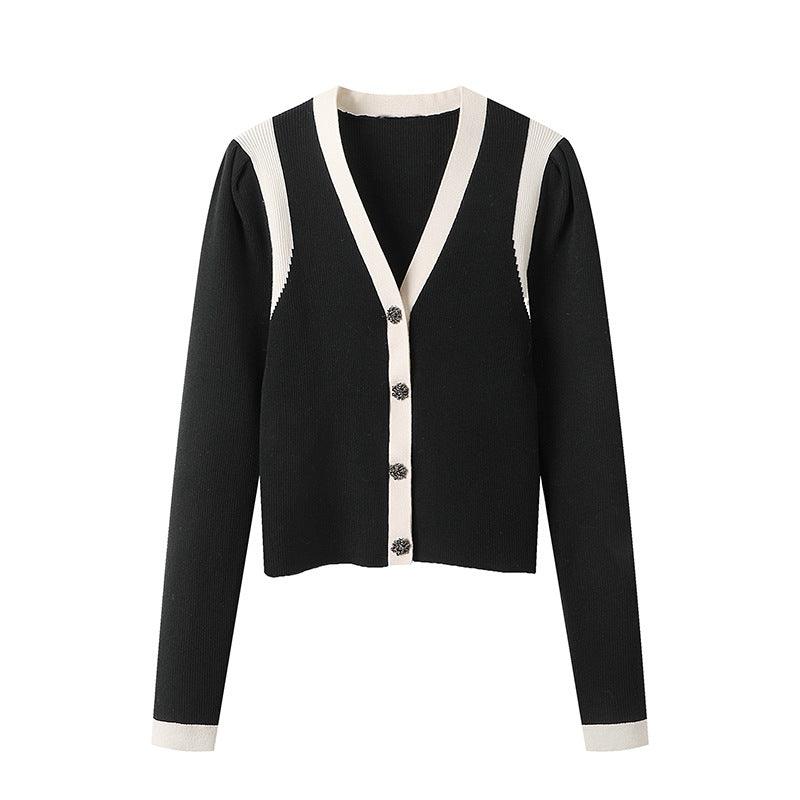 V - Neck Panel Single - Breasted Long - Sleeve Slim Fit Contrast Knit Sweater Top - Amazitshop