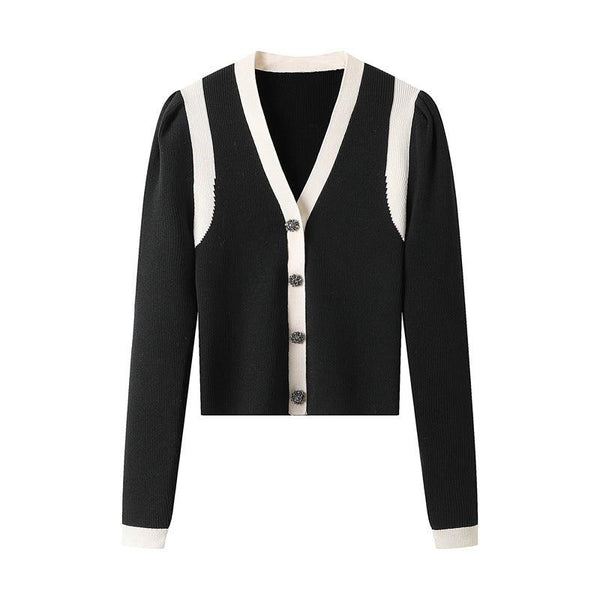 V - Neck Panel Single - Breasted Long - Sleeve Slim Fit Contrast Knit Sweater Top - Amazitshop