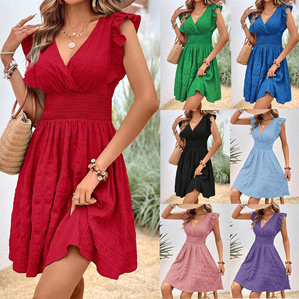 V - neck Pleated Dress Slim Fit Slimming European And American Style - Amazitshop