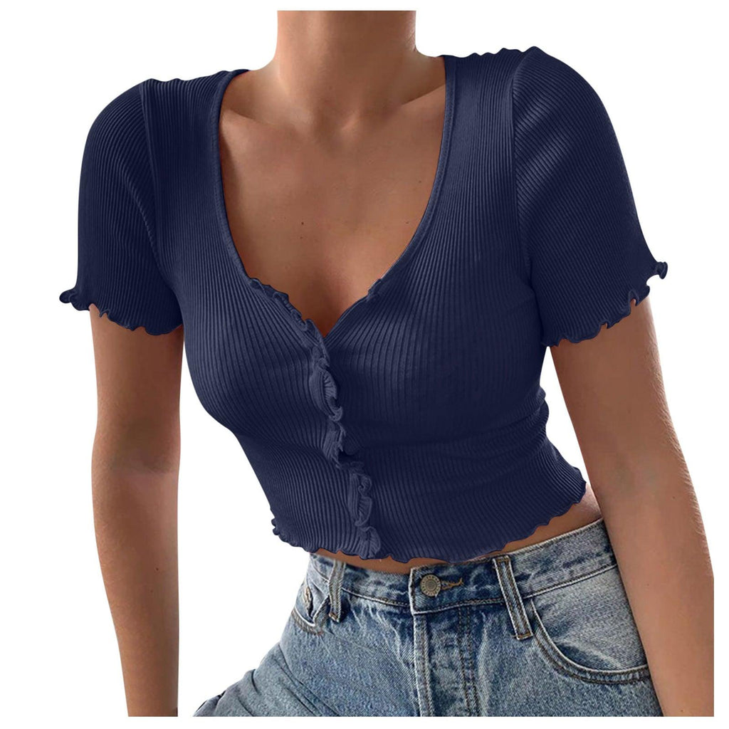 V Neck Ruffles Short Sleeve T Shirt Women Summer Casual Button Crop Top Basic Blue T Shirt Tops - Amazitshop
