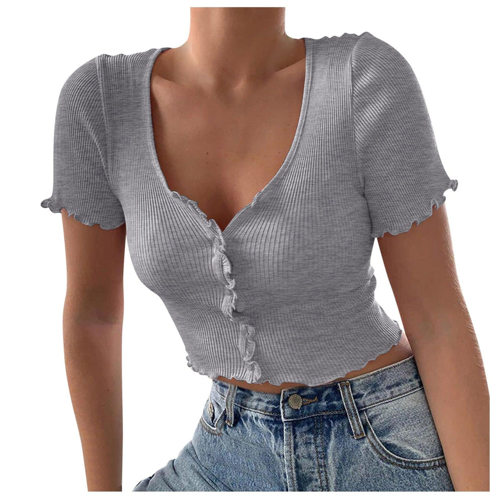 V Neck Ruffles Short Sleeve T Shirt Women Summer Casual Button Crop Top Basic Blue T Shirt Tops - Amazitshop