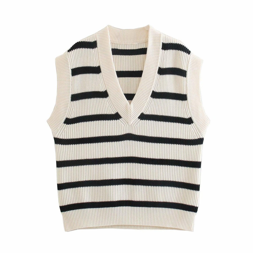 V - Neck Sleeveless Loose Contrast Striped Knit Tank Top - Amazitshop