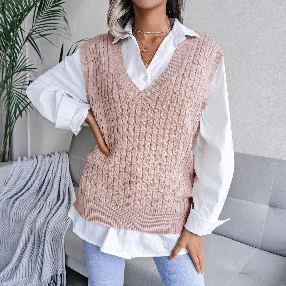 V - neck Twist Casual Loose Knit Sweater Vest - Amazitshop