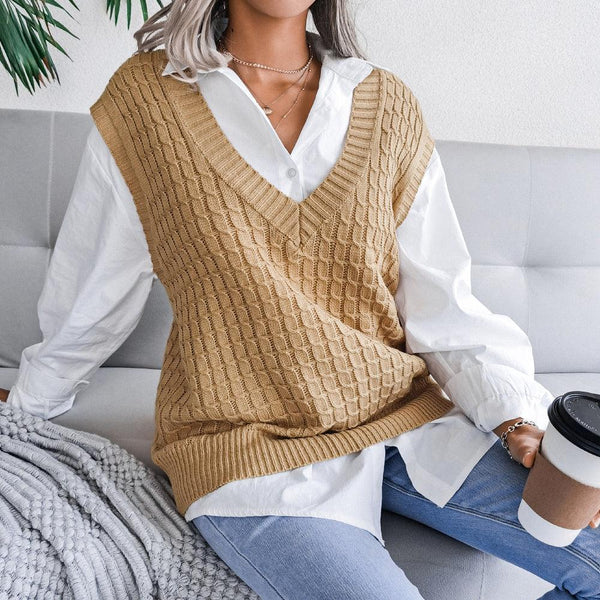 V - neck Twist Casual Loose Knit Sweater Vest - Amazitshop