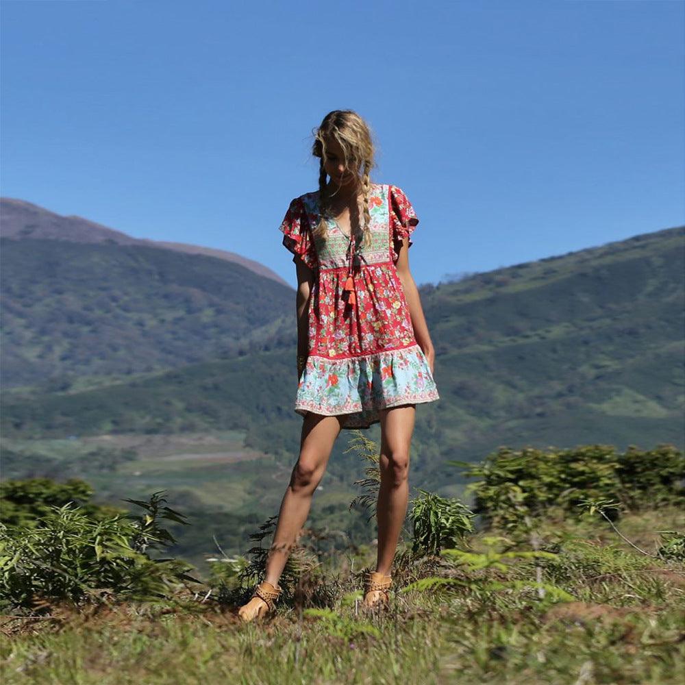 Vacation style pleated print dress - Amazitshop