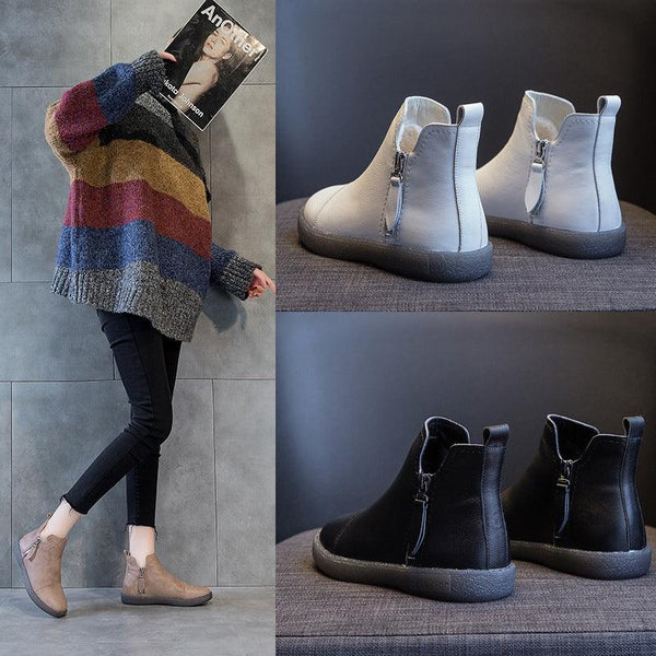 Velvet Padded All - matching Women's Double Zipper White Shoes - Amazitshop