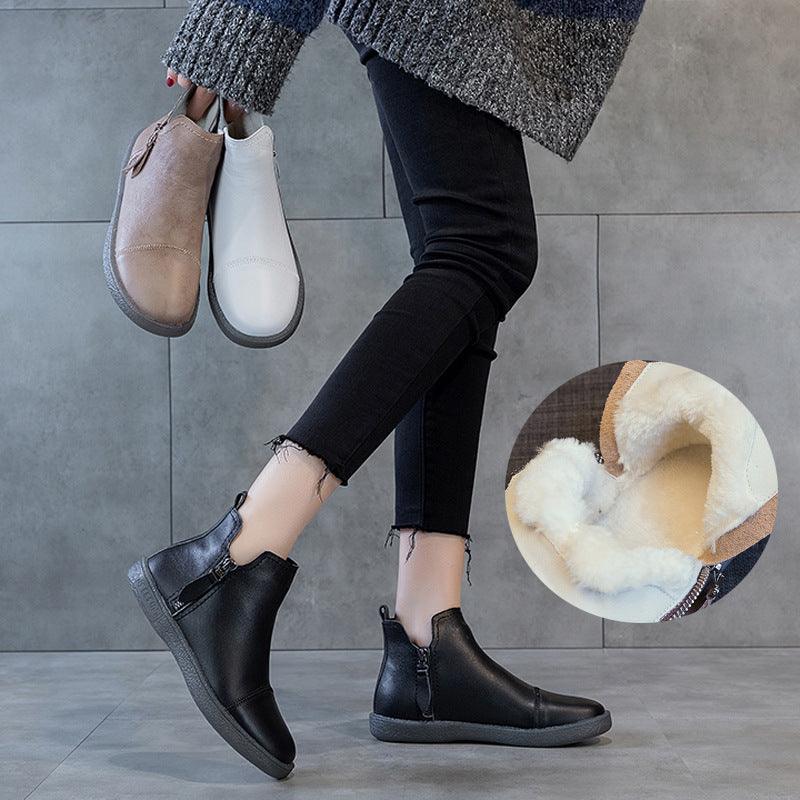 Velvet Padded All - matching Women's Double Zipper White Shoes - Amazitshop