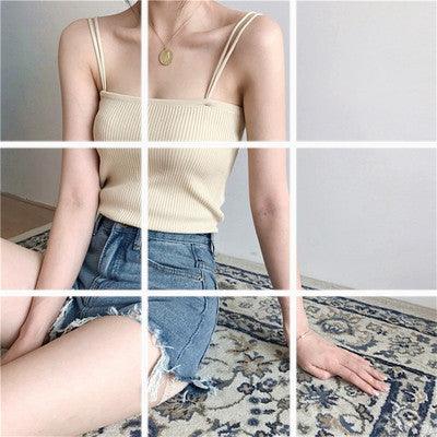 Versatile double straps slim knit bottoming shirt top - Amazitshop