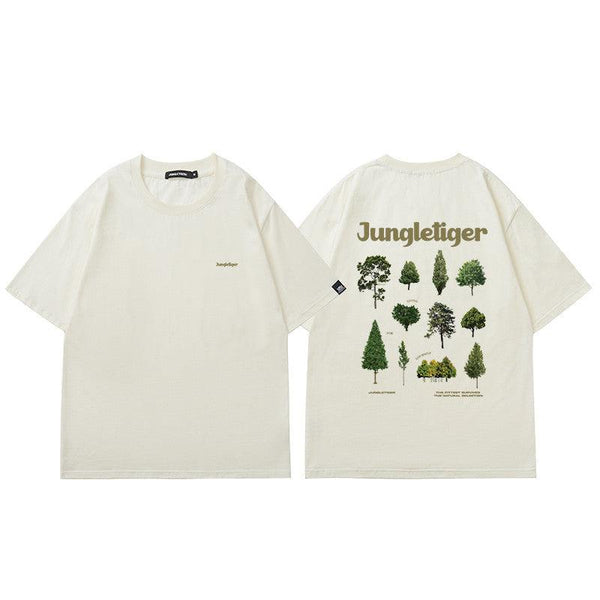 Vintage Loose Fitting Plant Printed Round Neck Short Sleeved T-shirt - Amazitshop