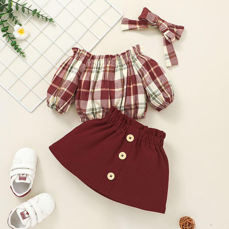 Vintage Plaid Top Skirt Two Piece Fashion Fall Outfit - Amazitshop