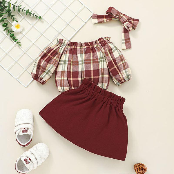Vintage Plaid Top Skirt Two Piece Fashion Fall Outfit - Amazitshop