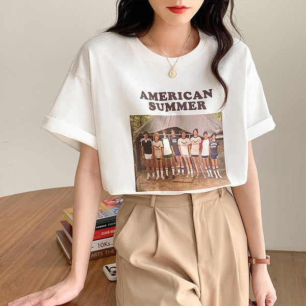 Vintage Print Crew Neck Oversized Loose Half Sleeve TShirt - Amazitshop