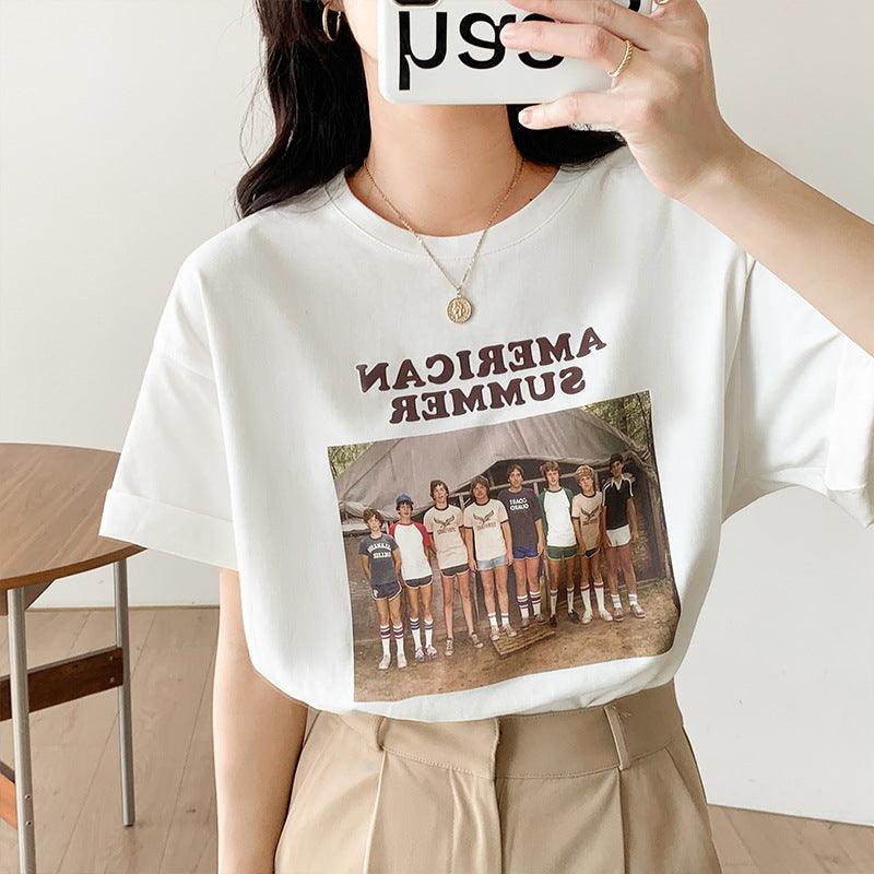 Vintage Print Crew Neck Oversized Loose Half Sleeve TShirt - Amazitshop