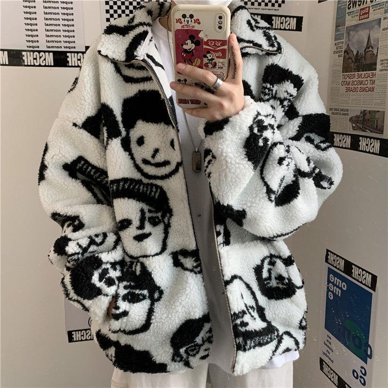 WAKUTA Winter Wool Coat Female Street Wear Chic Cute Funny Print Coats and Jackets Casual Loose Winter Clothes for Women - Amazitshop