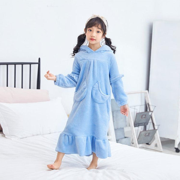 Warm Coral Fleece Double Sided Girls Long Moon Pocket Hooded Nightdress - Amazitshop