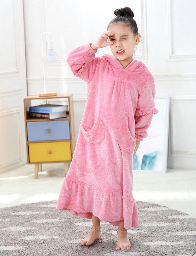 Warm Coral Fleece Double Sided Girls Long Moon Pocket Hooded Nightdress - Amazitshop