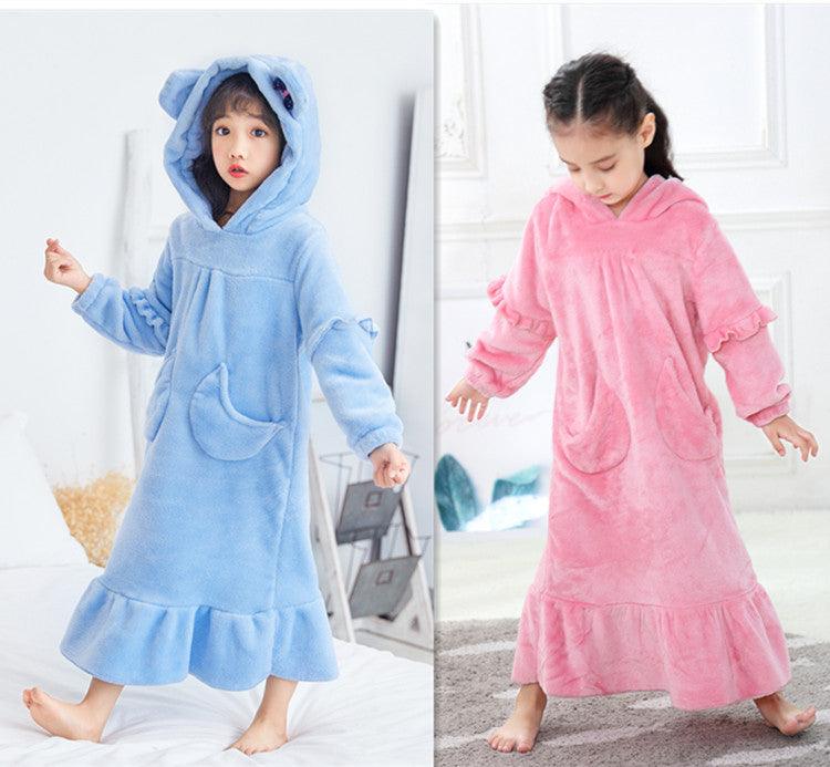Warm Coral Fleece Double Sided Girls Long Moon Pocket Hooded Nightdress - Amazitshop