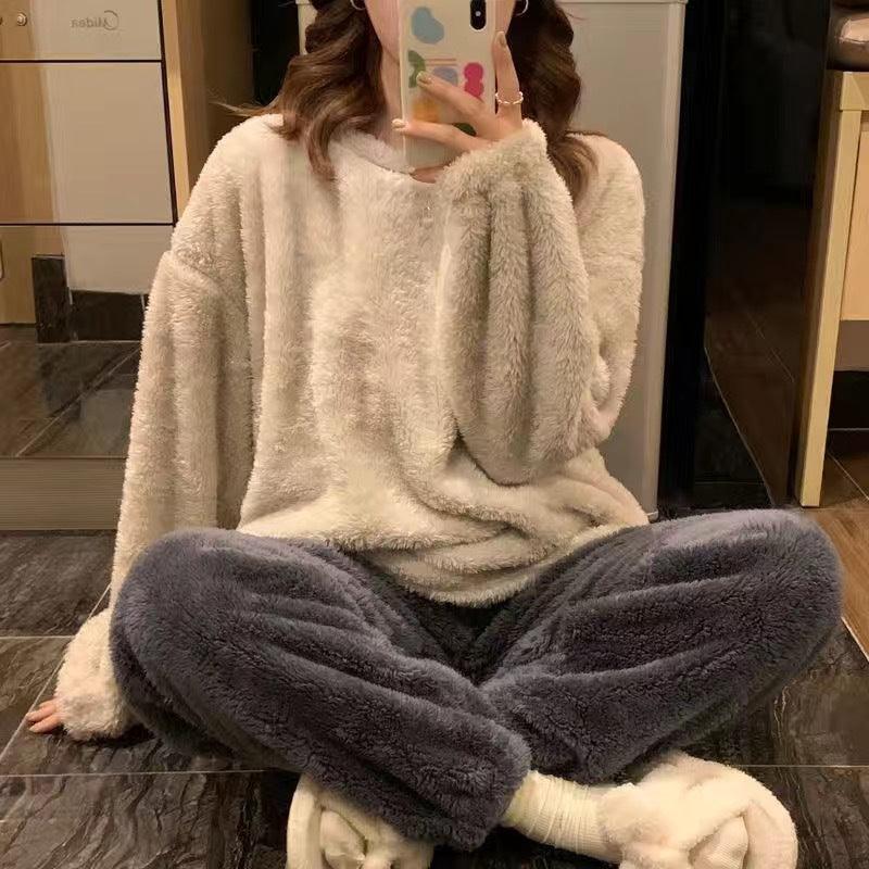 Warm Thickened Velvet Pajamas Fleece - lined Loungewear Women's Suit - Amazitshop