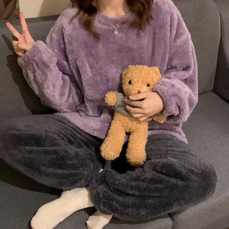 Warm Thickened Velvet Pajamas Fleece - lined Loungewear Women's Suit - Amazitshop