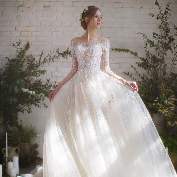 Wedding Dress Bride Lace Sleeves Dress - Amazitshop