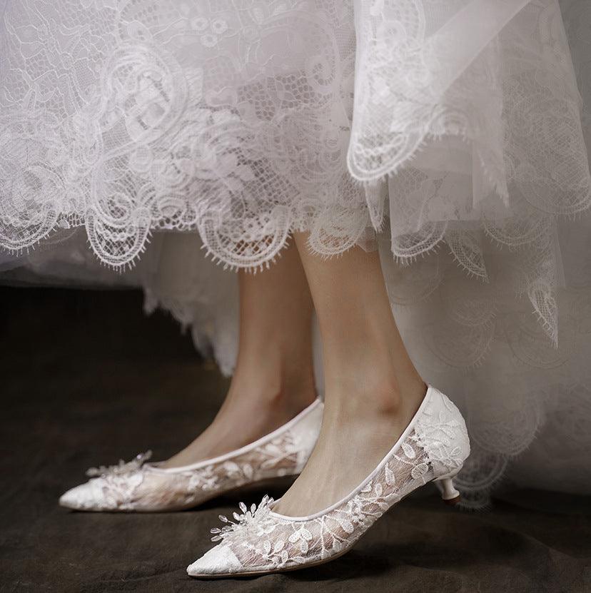Wedding Shoes Flat White Wedding Dress Crystal Low Heel Shoes - Amazitshop