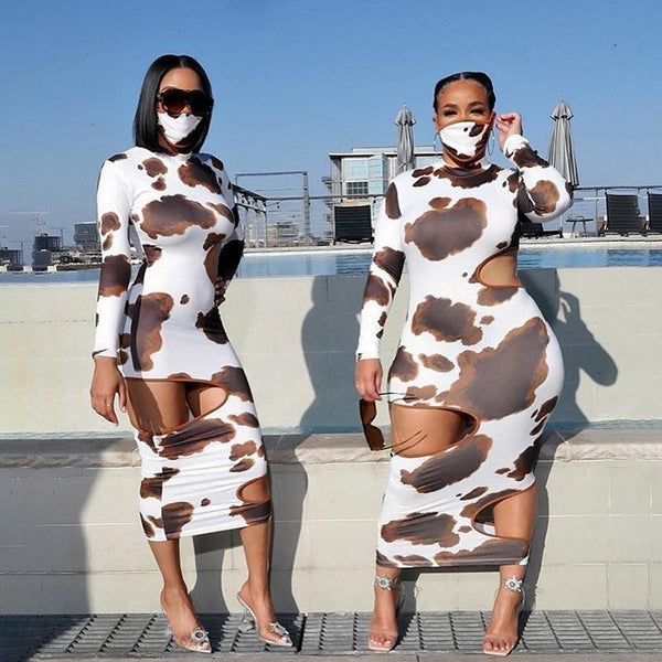 Weird Puss Hollow Out Women Irregular Hole Maxi Dresses Skinny Full Sleeve Skinny o - Neck Activewear Party Prom Club Street Style - Amazitshop