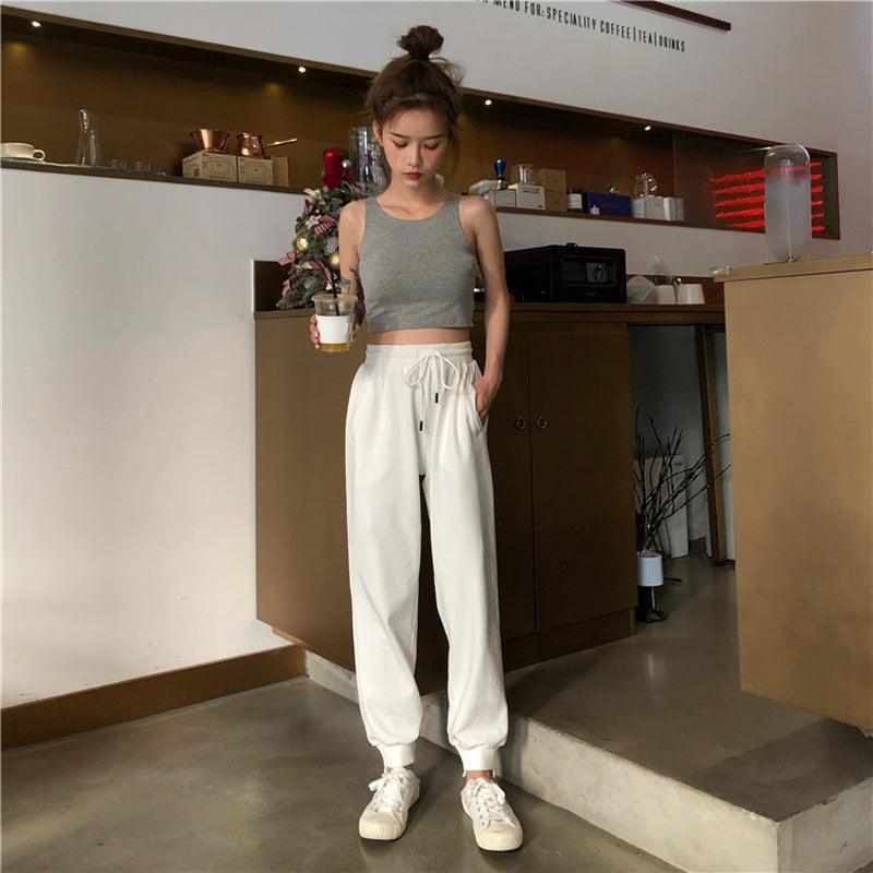 White Pants Loose And Thin Waist Pants Sports Pants High Waist Casual Pants Women's Health Pants - Amazitshop