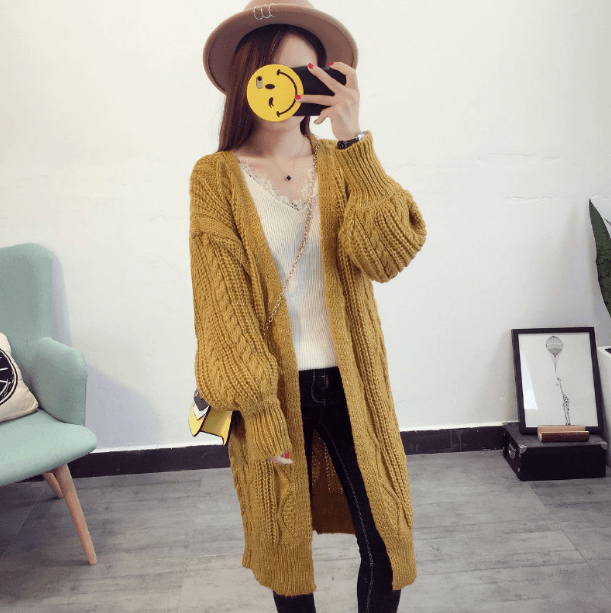 Winter Autumn Long Female Cardigans Latern Sleeve Casual Knitted Poncho Sweaters - Amazitshop
