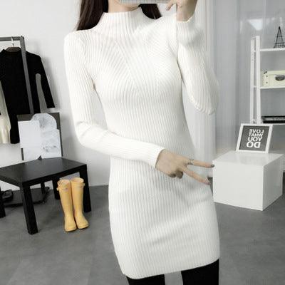 winter dress dress Korean cultivating in the long section of semi solid high collar sleeve head bottoming sweaters - Amazitshop