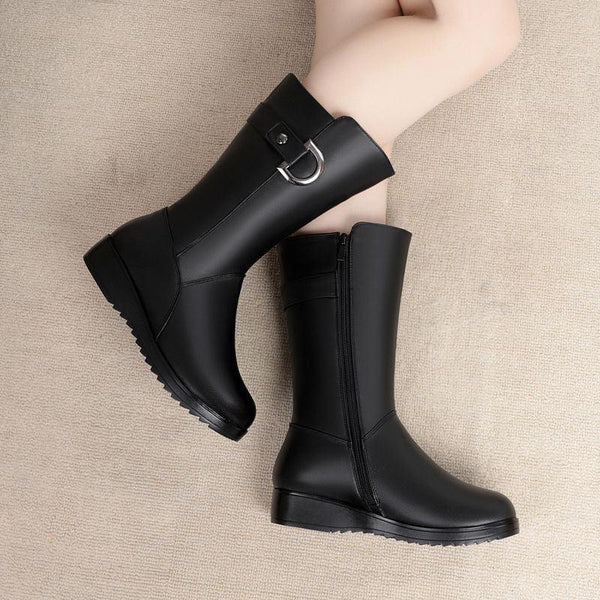 Winter Flat Non - slip Leather Shoes Fleece - lined Thermal Middle Tube Cotton Boots - Amazitshop
