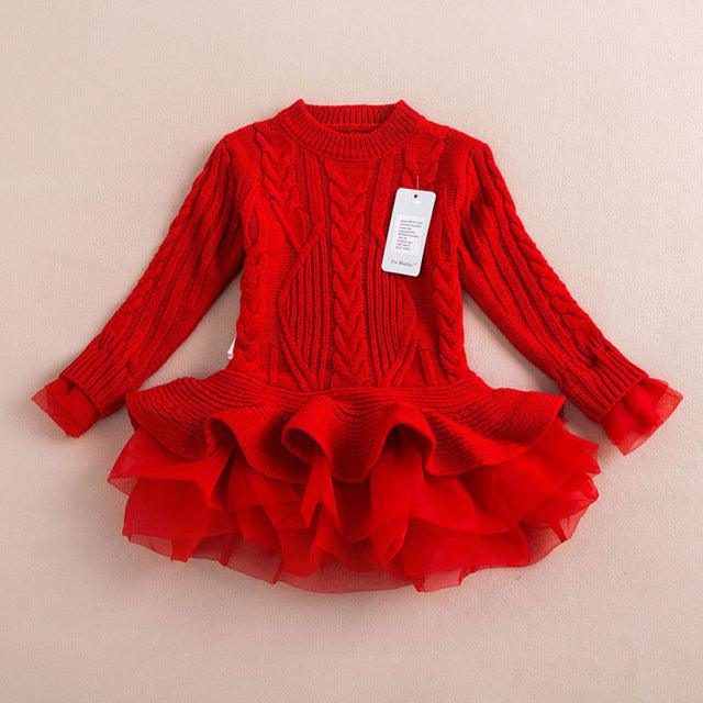 Winter Girls Christmas Dresses Knitted Kids Clothes Warm Red - Amazitshop