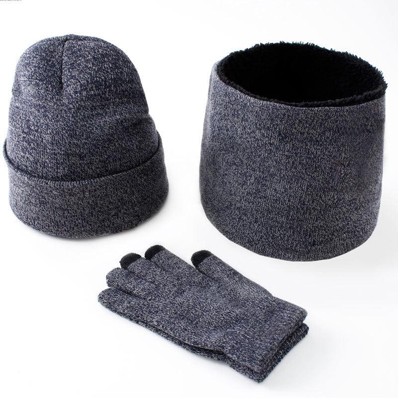 Winter men's hats, scarves, gloves, suits, fashion knitting and velvet hats, scarves, kits, men's 3 pieces/sets - Amazitshop