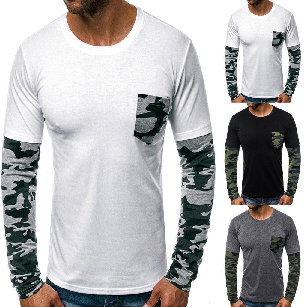 Winter Men's Solid Color Stitching Camouflage Round Neck Casual T-shirt - Amazitshop