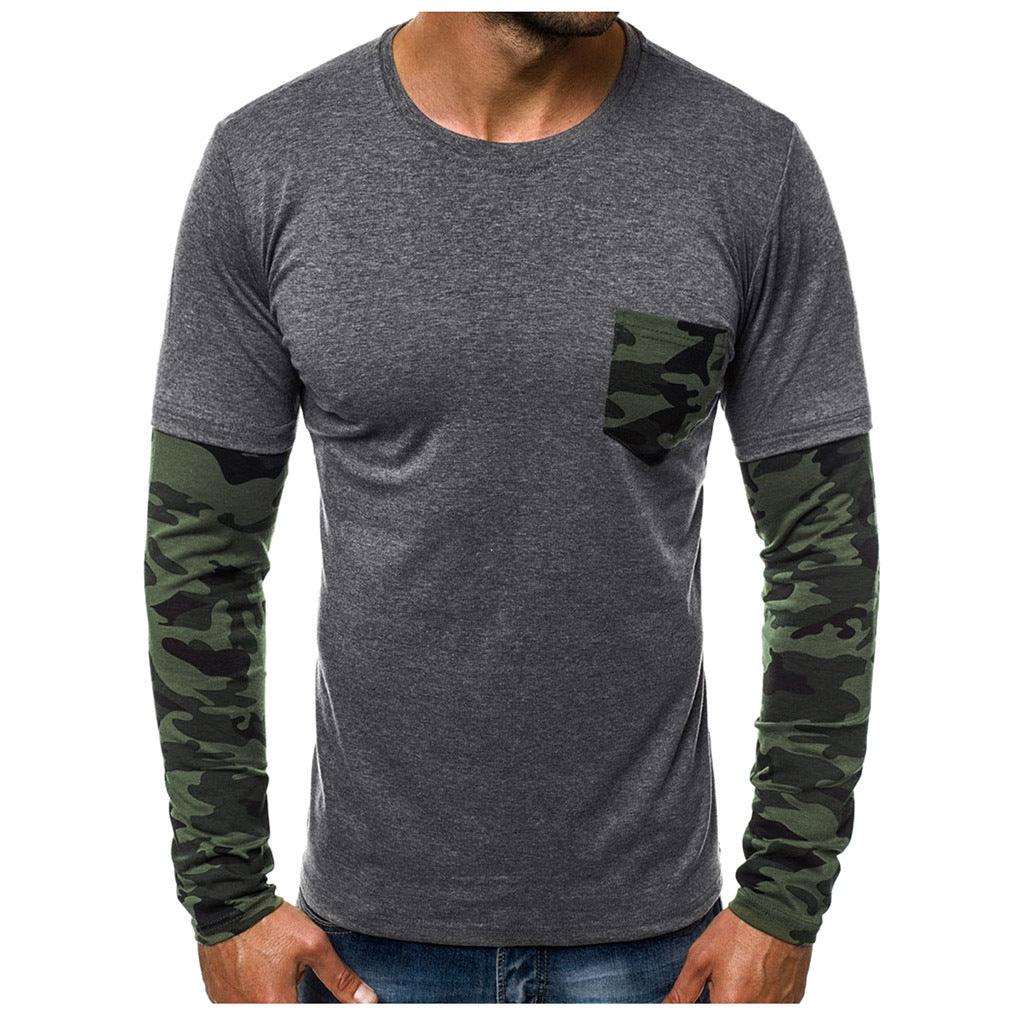 Winter Men's Solid Color Stitching Camouflage Round Neck Casual T-shirt - Amazitshop