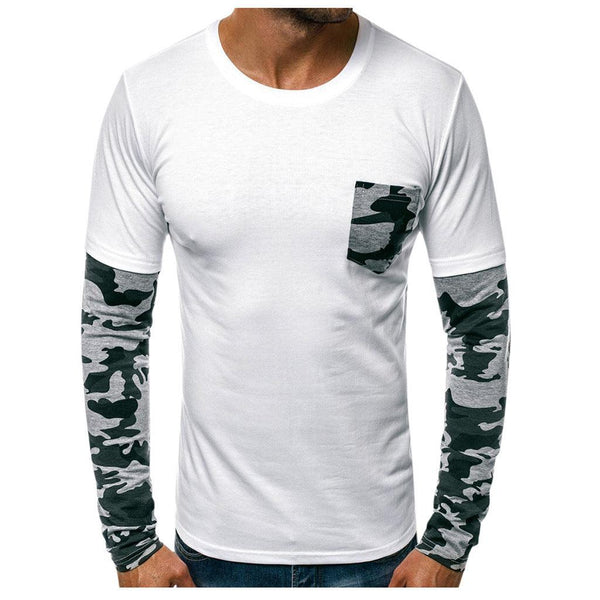 Winter Men's Solid Color Stitching Camouflage Round Neck Casual T-shirt - Amazitshop