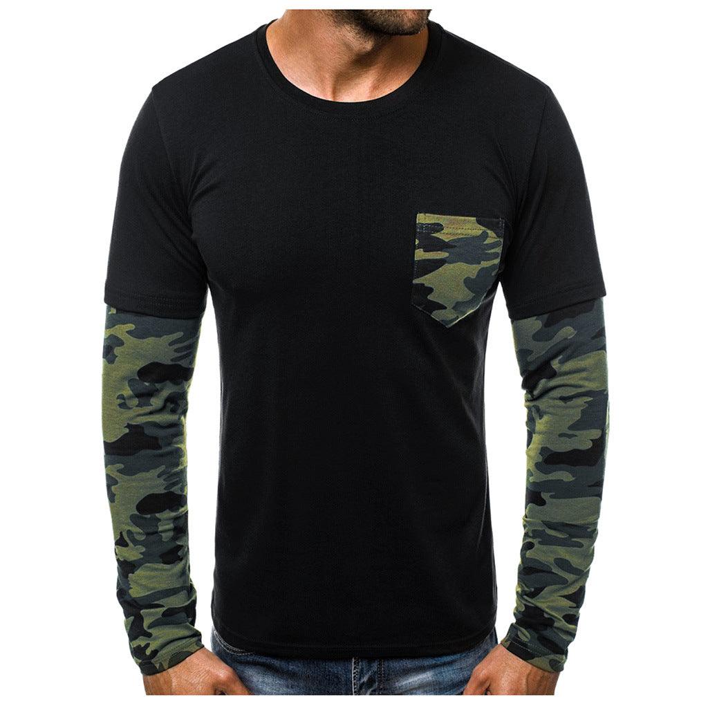 Winter Men's Solid Color Stitching Camouflage Round Neck Casual T-shirt - Amazitshop