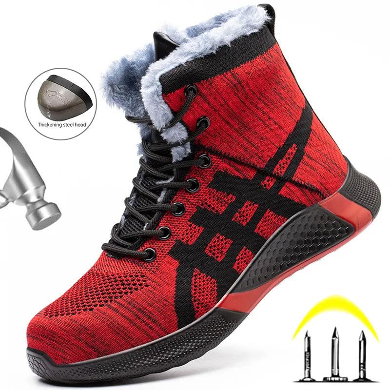 Winter Plush Boots Men Labor Protection Anti - smash Anti - puncture Work Shoes Warm Thickened Breathable Lace - up Safety Shoes - Amazitshop