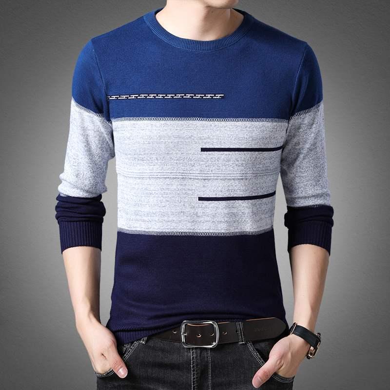 Winter Pullover Men Round Collar Striped Cotton Sweaters Slim Fit Pull Homme Knitwear - Amazitshop
