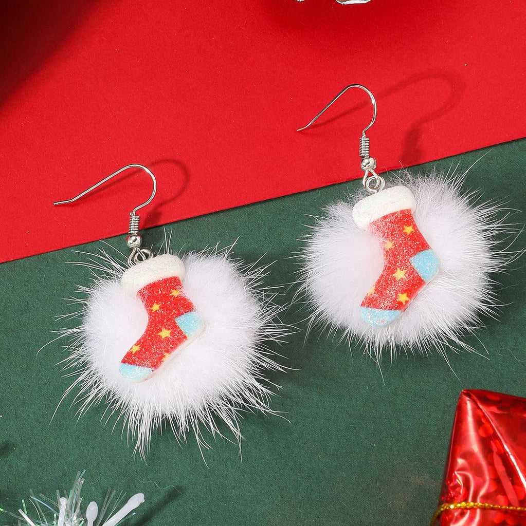 Winter Snowflake Hair Ball Earrings Ins Cute Christmas Elk Santa Claus Stock Element Earrings Women Jewelry - Amazitshop