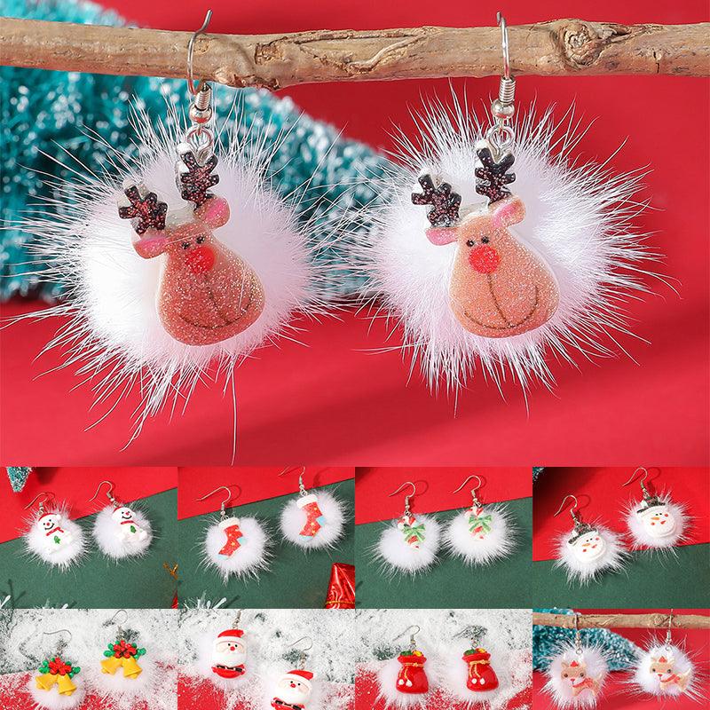 Winter Snowflake Hair Ball Earrings Ins Cute Christmas Elk Santa Claus Stock Element Earrings Women Jewelry - Amazitshop