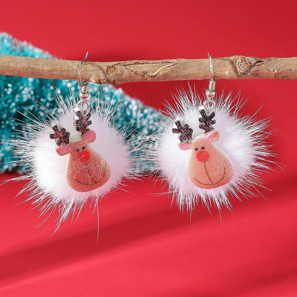 Winter Snowflake Hair Ball Earrings Ins Cute Christmas Elk Santa Claus Stock Element Earrings Women Jewelry - Amazitshop