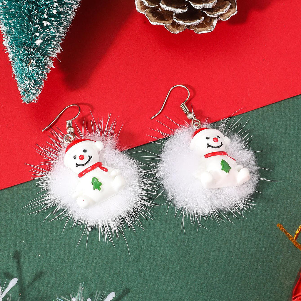 Winter Snowflake Hair Ball Earrings Ins Cute Christmas Elk Santa Claus Stock Element Earrings Women Jewelry - Amazitshop