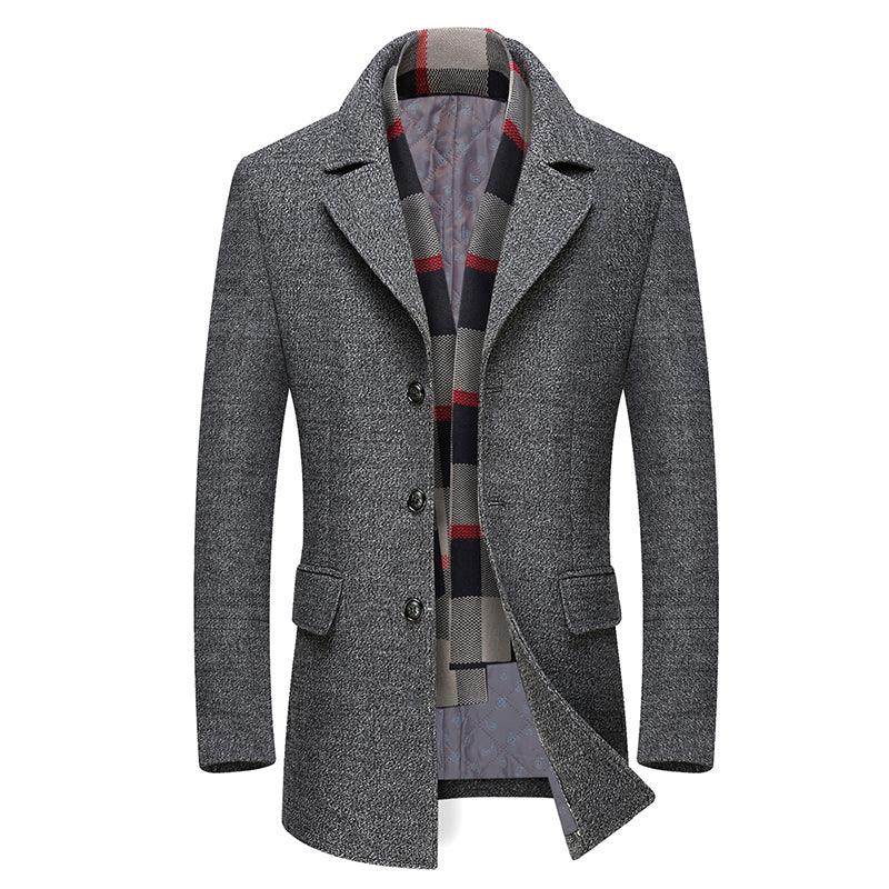 Winter Thick Men Wool Jackets Scarf Detachable Collar Fit Men Overcoats - Amazitshop