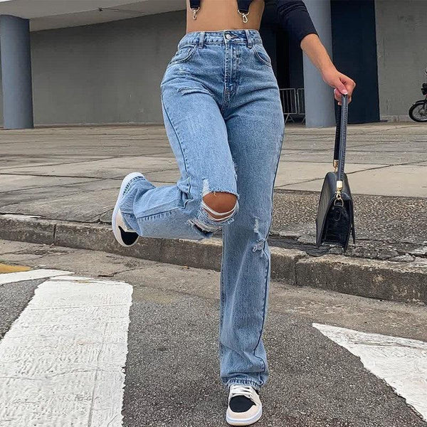 Woman Jeans Streetwear Vintage Quality Fashion Harajuku Straight Pants High Waist Clothes Wide Leg Denim Clothing Blue - Amazitshop